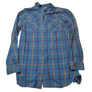 Duluth Trading Flannel Shirt Womens Small Blue Orange Plaid Roll Tab Long Sleeve